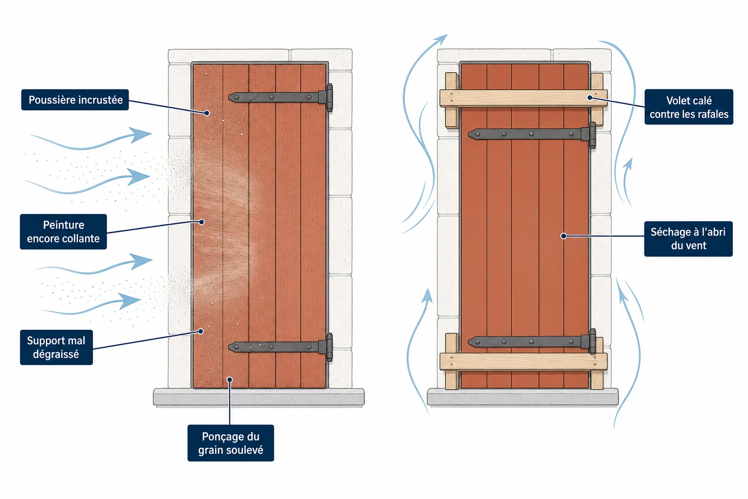 Comparaison d'un volet en bois mal préparé face au mistral et d'un volet correctement protégé pendant le séchage